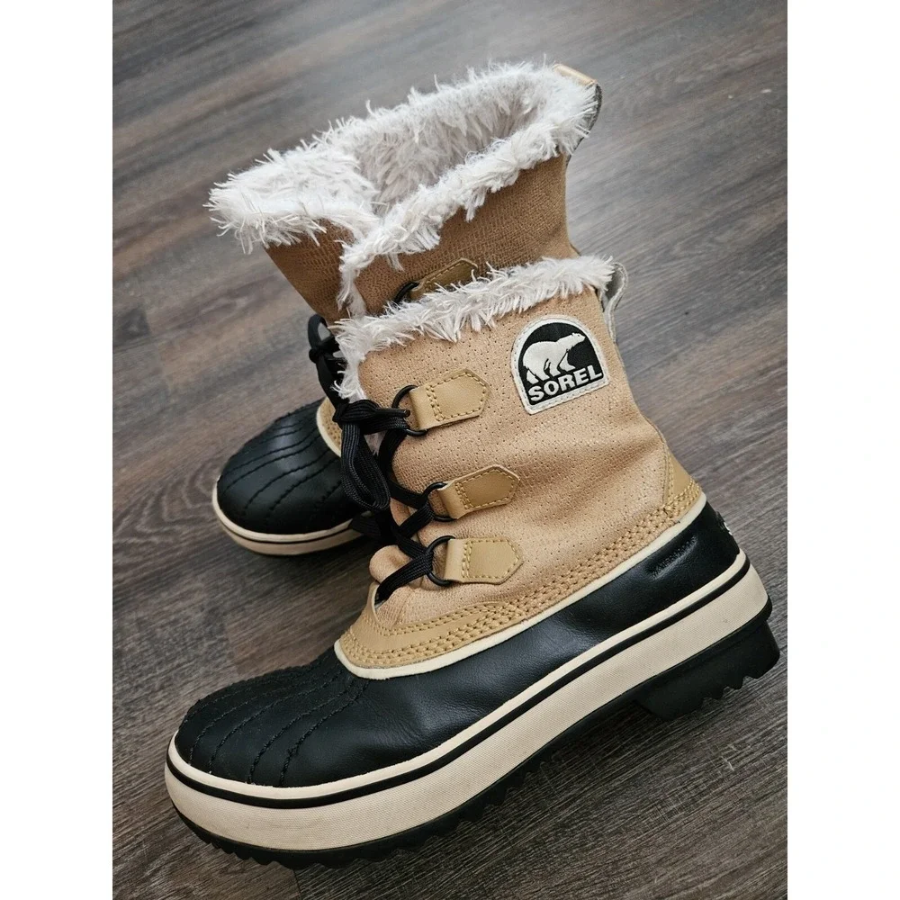 Sorel Winter‎ Boots Women 6 Tan Black Winter Waterproof Faux Fur Tivoli Leather